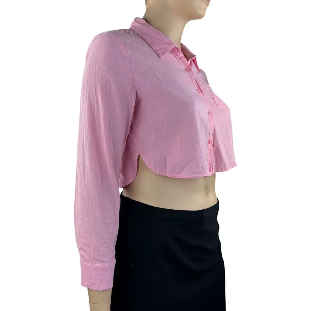 Mirrou Women Plus Pink Collared Long Sleeves Button Front Cropped Shirt 14 - Picture 3 of 5